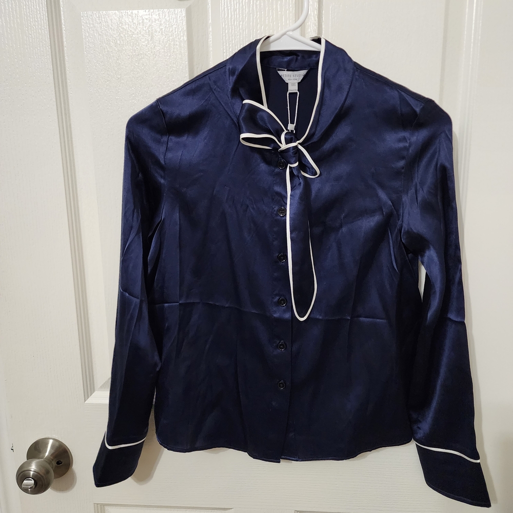 Petite Studio Midnight Blue Blouse with Ivory Accent